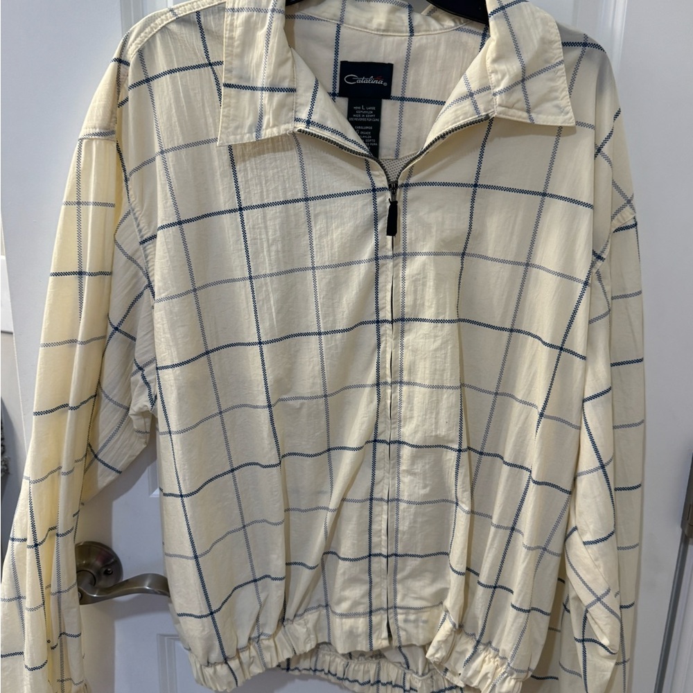 Vintage Catalina Men’s Full Zip Nylon Grid Windbreaker Jacket Cream size large
